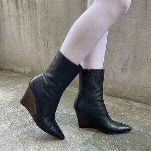 Black Patent Leather Wedge Boots Buckle Indie Sleaze Slavic Bimbo 90s Vamp